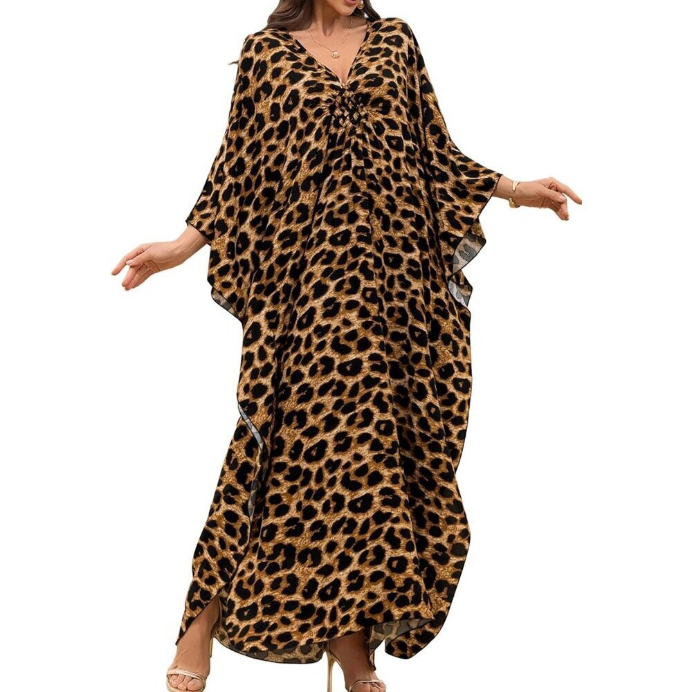 Women's Brown Black Floral V-Neck Batwing Sleeves Summer Cover Up Kaftan Dress